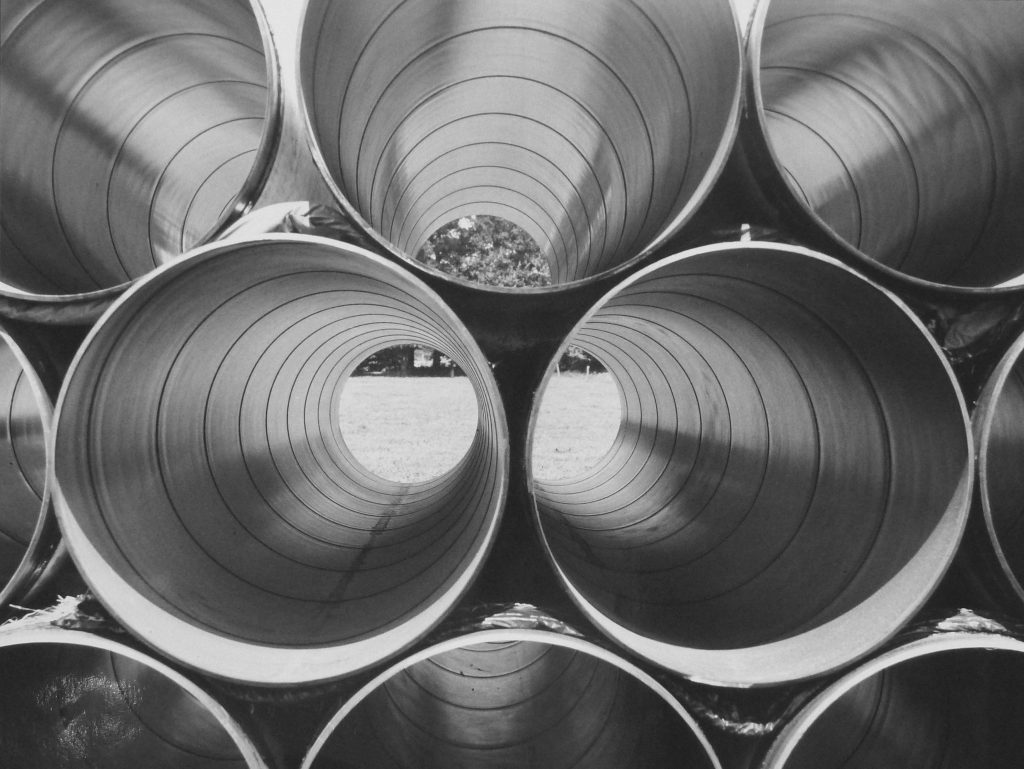 Fritz Gerlinger, Steel Pipes, n.d., gelatin silver print, 15.75" x 19.75", 2016.103. Image courtesy of the Fitchburg Art Museum.